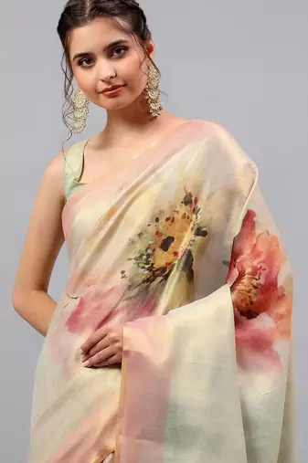 Green tussar printed saree with blouse