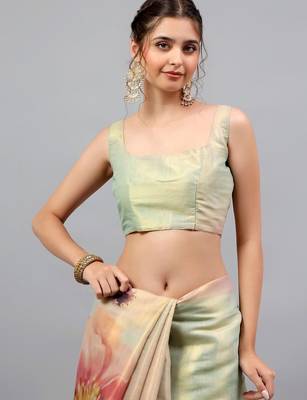 Green tussar printed saree with blouse 4