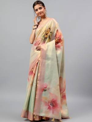 Green tussar printed saree with blouse 5