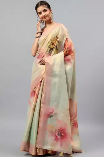 Green tussar printed saree with blouse