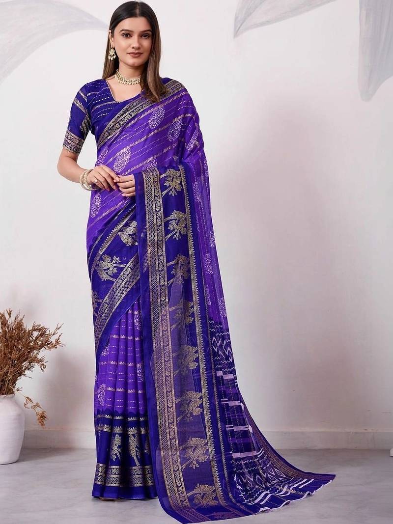 Purple pure georgette woven design saree with blouse