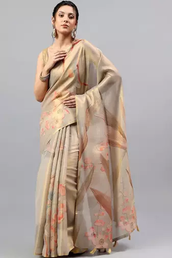 Beige tissue printed saree with blouse