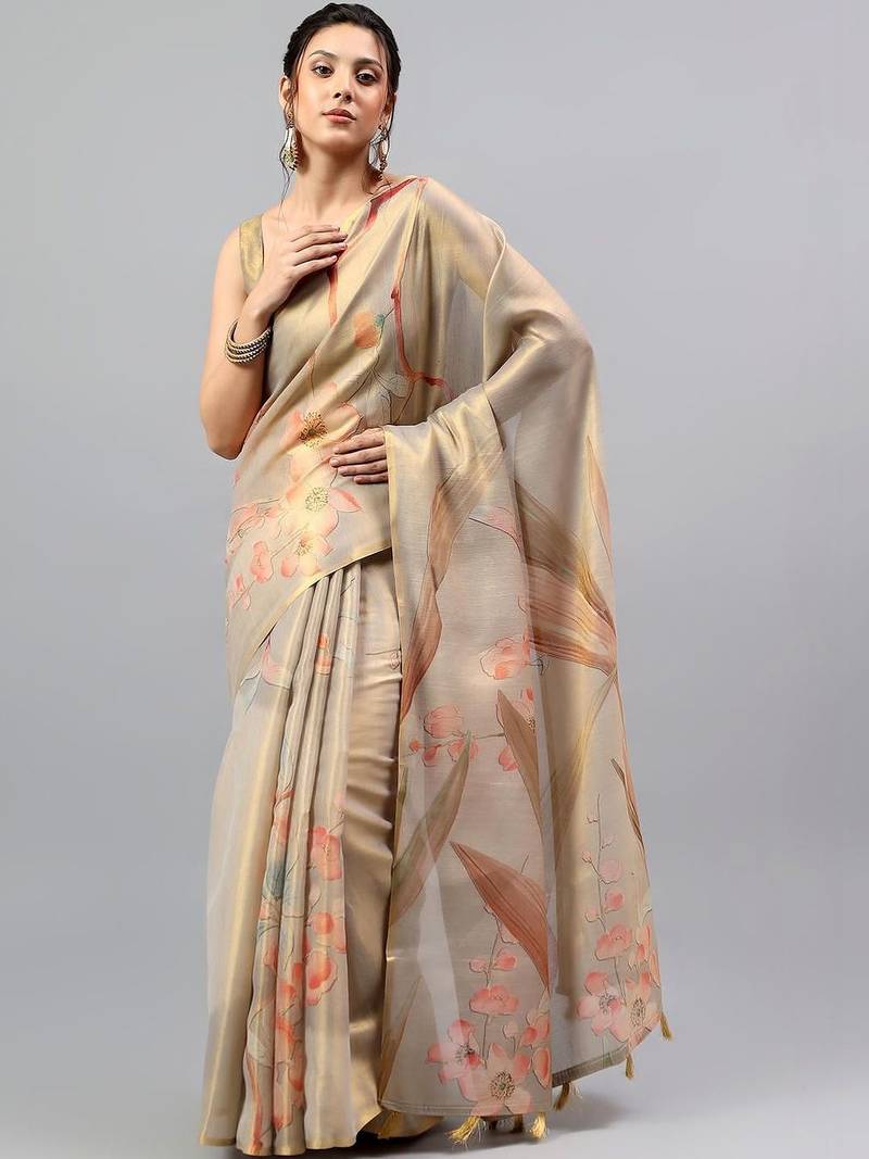 Beige tissue printed saree with blouse