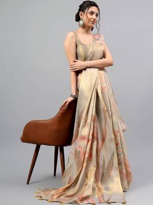 Beige tissue printed saree with blouse 2