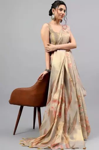 Beige tissue printed saree with blouse