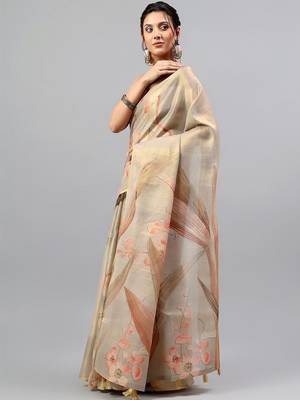 Beige tissue printed saree with blouse 3
