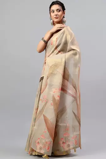 Beige tissue printed saree with blouse