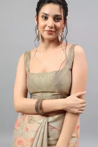 Beige tissue printed saree with blouse