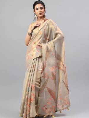 Beige tissue printed saree with blouse 5