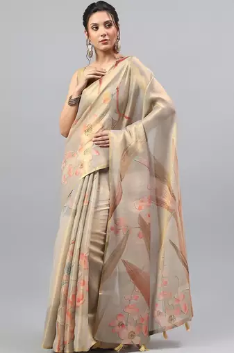 Beige tissue printed saree with blouse