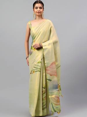 Lime tissue printed saree with blouse 1
