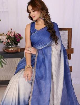 Blue linen striped saree with blouse 3