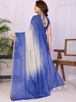 Blue linen striped saree with blouse 5