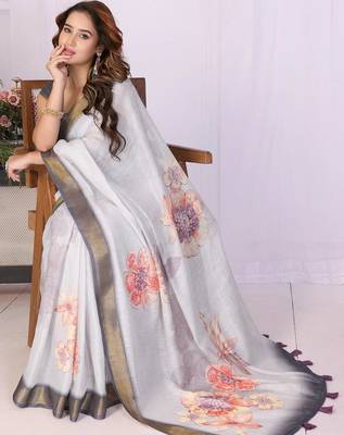 Off white linen printed saree with blouse 1
