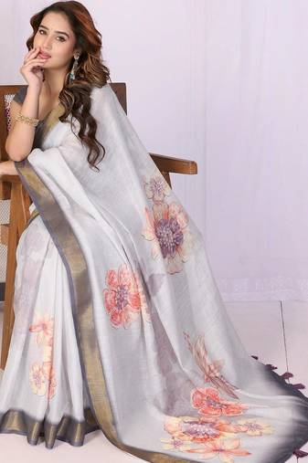 Off white linen printed saree with blouse