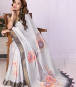 Off white linen printed saree with blouse