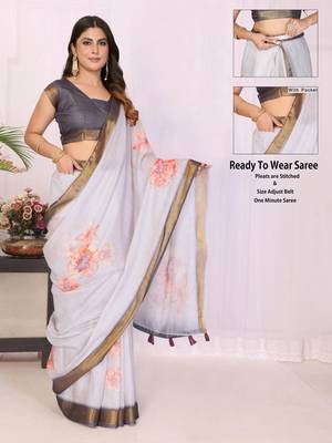 Off white linen printed saree with blouse 3