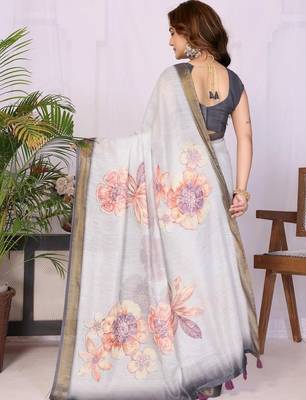 Off white linen printed saree with blouse 5