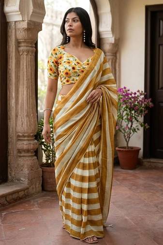 Beige linen printed saree with blouse