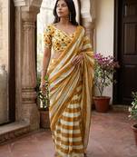 Beige linen printed saree with blouse
