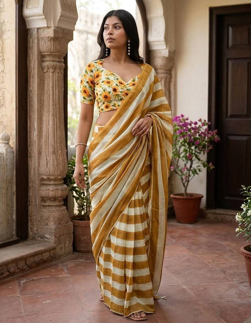 Beige linen printed saree with blouse