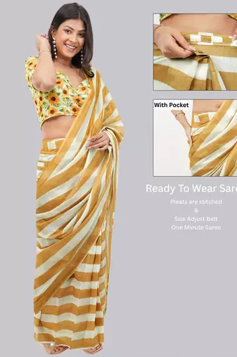 Beige linen printed saree with blouse
