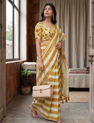 Beige linen printed saree with blouse 3