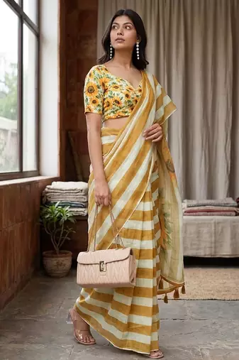 Beige linen printed saree with blouse