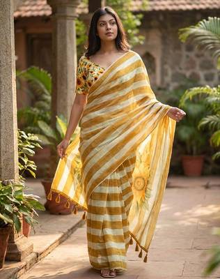 Beige linen printed saree with blouse 4