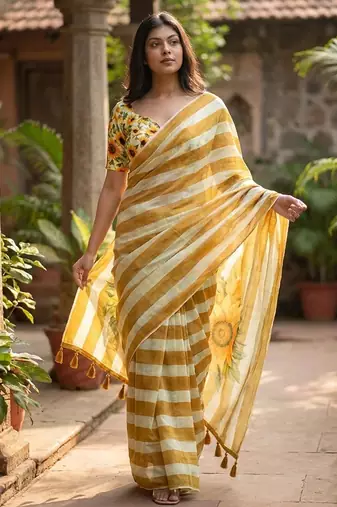 Beige linen printed saree with blouse