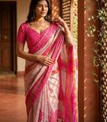 Peach linen printed saree with blouse