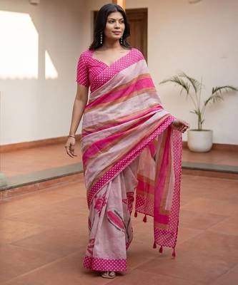 Peach linen printed saree with blouse 2