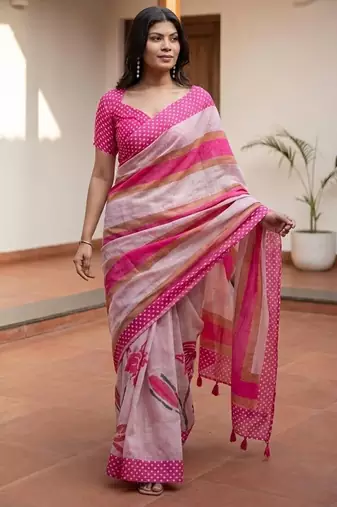 Peach linen printed saree with blouse