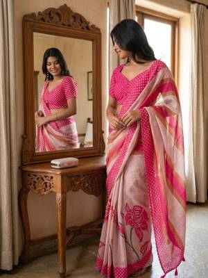 Peach linen printed saree with blouse 3