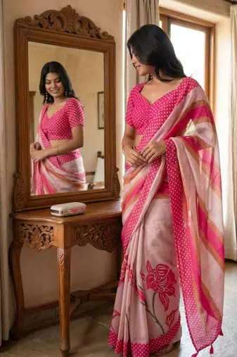 Peach linen printed saree with blouse