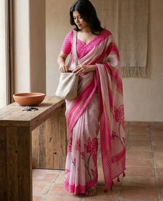 Peach linen printed saree with blouse 4