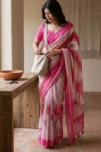 Peach linen printed saree with blouse
