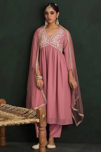 Mauve Paisley Embroidered V-Neck Georgette A-Line Kurta with Trousers & Dupatta