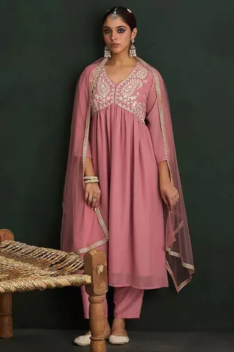 Mauve Paisley Embroidered V-Neck Georgette A-Line Kurta with Trousers & Dupatta