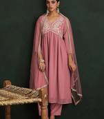 Mauve Paisley Embroidered V-Neck Georgette A-Line Kurta with Trousers & Dupatta
