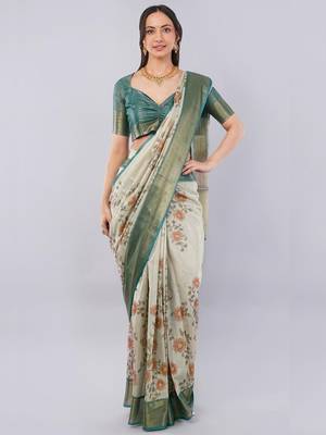 Off white polyester printed saree with blouse 1