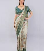 Off white polyester printed saree with blouse
