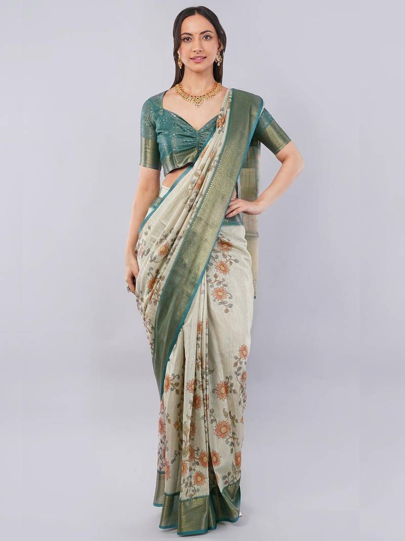 Off white polyester printed saree with blouse