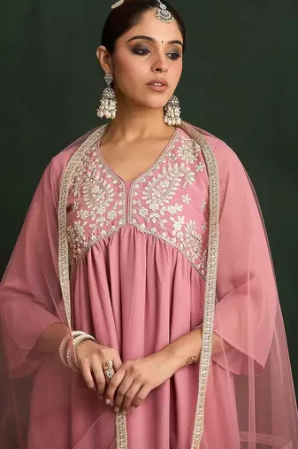 Mauve Paisley Embroidered V-Neck Georgette A-Line Kurta with Trousers & Dupatta