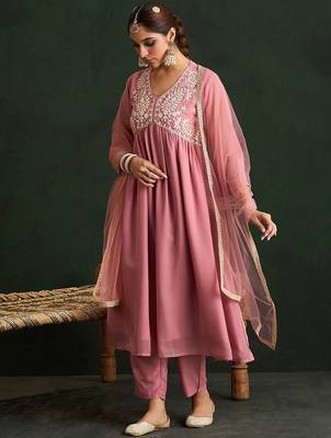 Mauve Paisley Embroidered V-Neck Georgette A-Line Kurta with Trousers & Dupatta 5