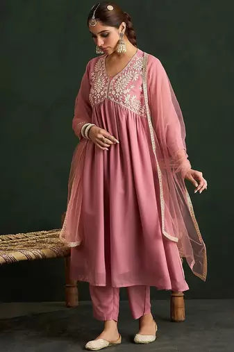 Mauve Paisley Embroidered V-Neck Georgette A-Line Kurta with Trousers & Dupatta