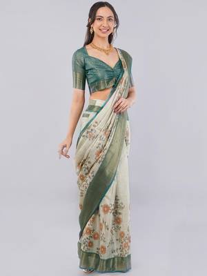 Off white polyester printed saree with blouse 2