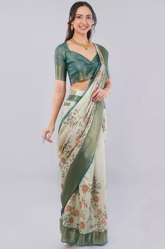 Off white polyester printed saree with blouse