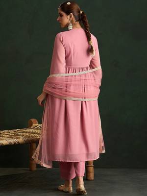 Mauve Paisley Embroidered V-Neck Georgette A-Line Kurta with Trousers & Dupatta 6
