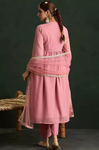 Mauve Paisley Embroidered V-Neck Georgette A-Line Kurta with Trousers & Dupatta